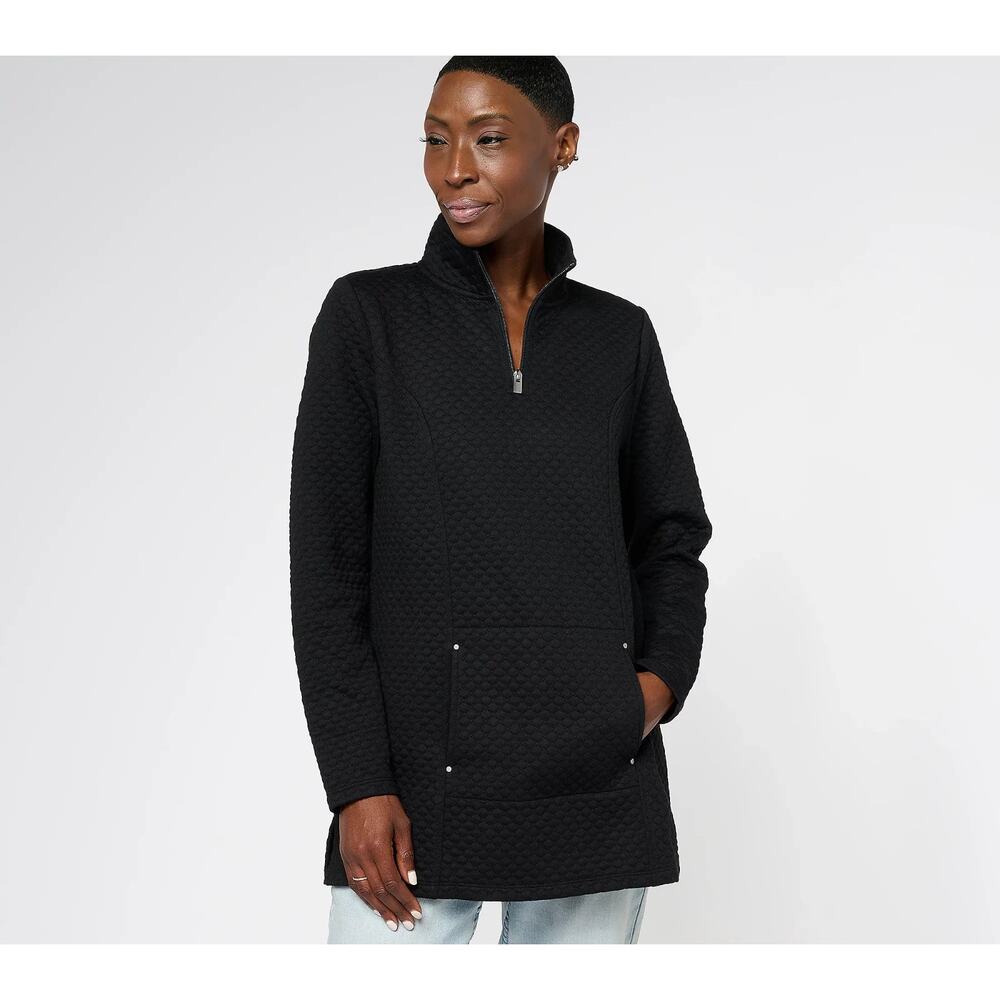 Sport Savvy Knit Jacquard Long Sleeve Quarter Zip Tunic Black XXS Pocket Casual